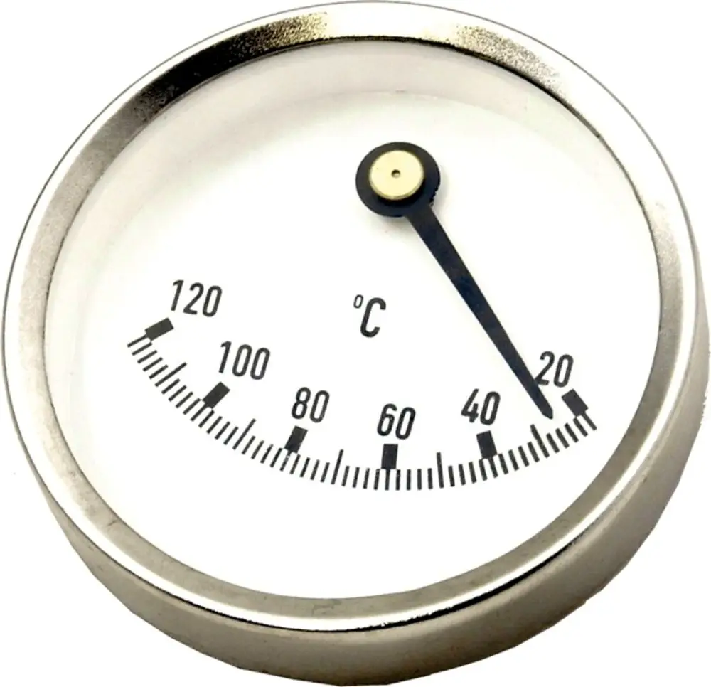 Thermometer mit einem weißen Ziffernblatt, Skala von 0 bis 120 °C, Zeiger aus schwarzem Material und silbernem Gehäuse. Auf dem Ziffernblatt ist die Marke Wolf zu sehen.